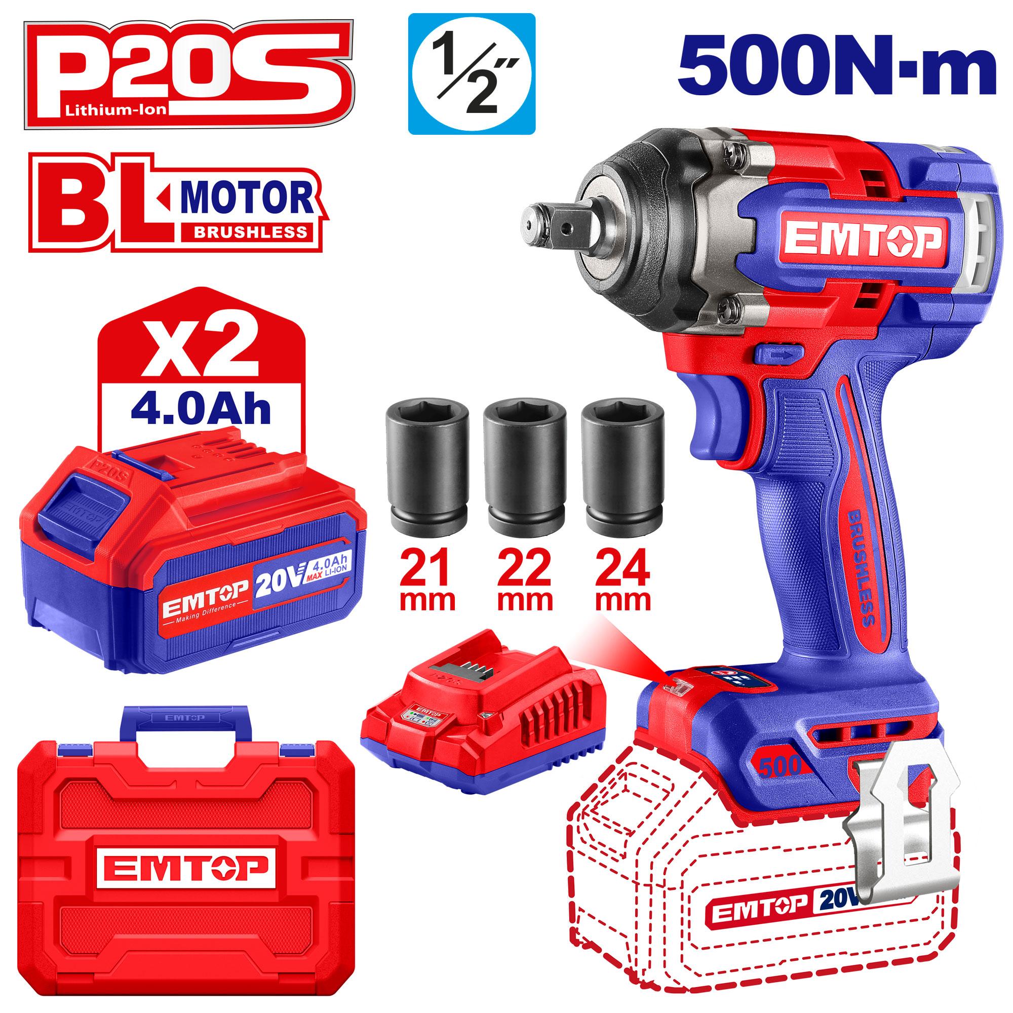 LLAVE DE IMPACTO INALAM. BRUSH 20V 500 Nm + CARG + 2 BAT 4.0 AH + ACC - imagen 2