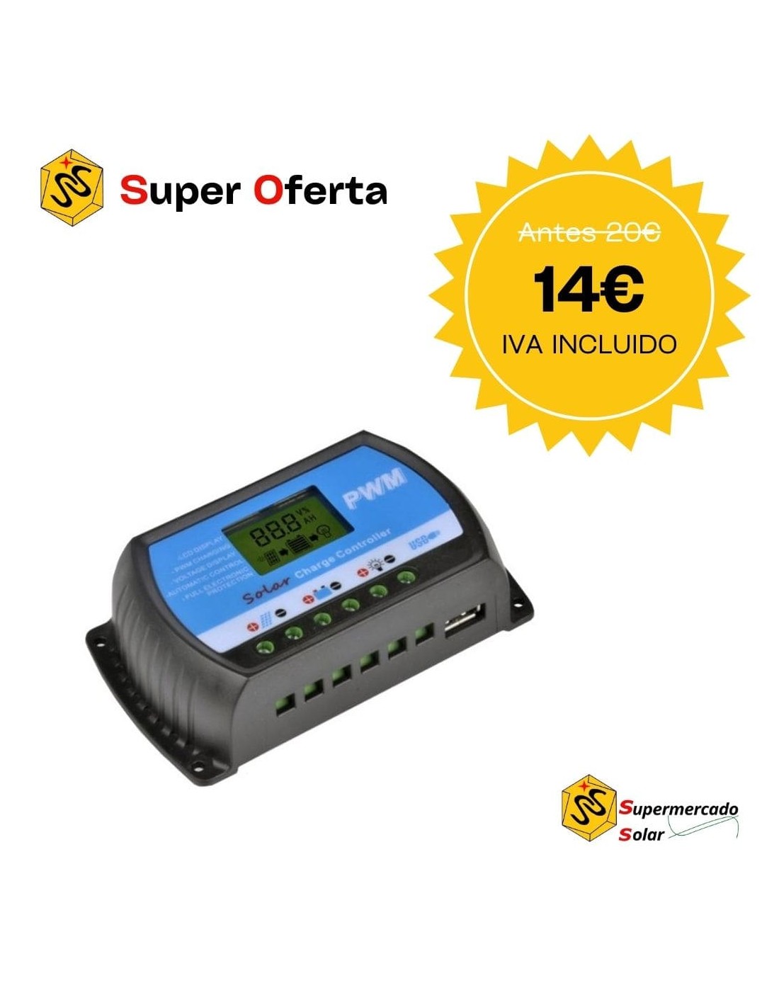 Regulador Solar PWM 20A — 12/24V con Display LCD y USB