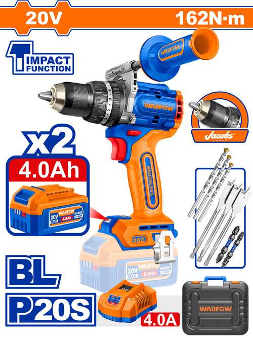 TALADRO DE IMPACTO INALAM. BRUSHLESS 20V 162 Nm + CARG + 2 BAT 4.0AH + ACC